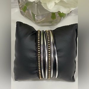 2/$25 NEW Black Gray chain stud layered vegan leather bangle bracelet classic